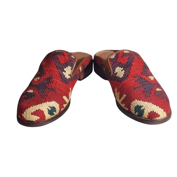 Vintage Red Brown Turkish Wool Rug Mules Slip Ons Stacked Wood Block Heels - Picture 7 of 16
